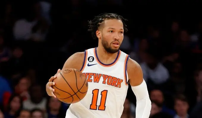 NEW YORK, NEW YORK - OCTOBER 04: Jalen Brunson #11 of the New York Knicks dribbles during the second half against the Detroit Pistons at Madison Square Garden on October 04, 2022 in New York City.