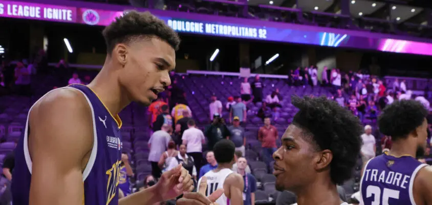 HENDERSON, NEVADA - OCTOBER 04: Victor Wembanyama #1 of Boulogne-Levallois Metropolitans 92 and Scoot Henderson #0 of G League Ignite shake hands after their exhibition game at The Dollar Loan Center on October 04, 2022 in Henderson, Nevada. Ignite defeated Metropolitans 92 122-115.