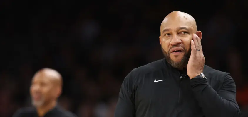 PHOENIX, ARIZONA - NOVEMBER 22: Head coach Darvin Ham of the Los Angeles Lakers reacts during the second half of the NBA game against the Phoenix Suns at Footprint Center on November 22, 2022 in Phoenix, Arizona. The Suns defeated the Lakers 115-105