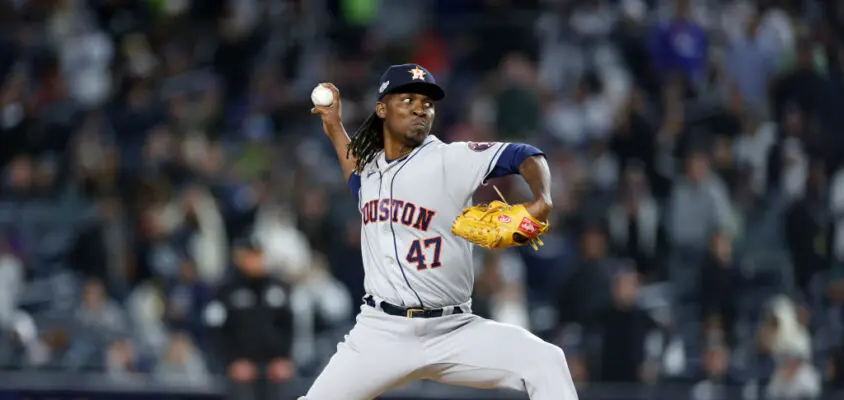 NEW YORK, NEW YORK - OCTOBER 23: Rafael Montero #47 of the Houston Astros pitches in the eighth inning against the New York Yankees in game four of the American League Championship Series at Yankee Stadium on October 23, 2022 in the Bronx borough of New York City