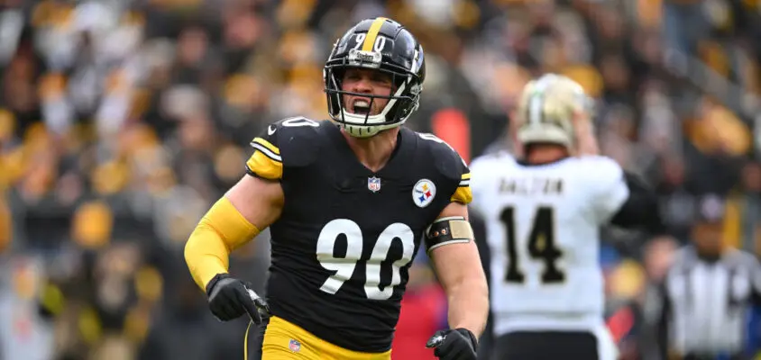 PITTSBURGH, PENNSYLVANIA - NOVEMBER 13: T.J. Watt #90 of the Pittsburgh Steelers reacts after a tackle in the game against the New Orleans Saints during the first quarter at Acrisure Stadium on November 13, 2022 in Pittsburgh, Pennsylvania