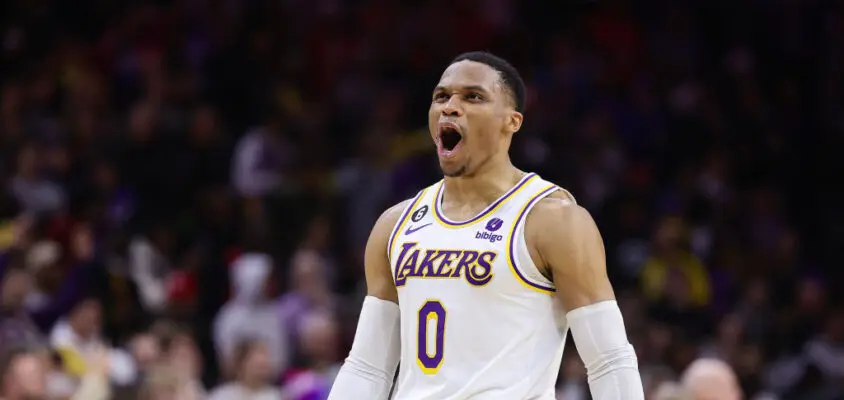 PHILADELPHIA, PENNSYLVANIA - DECEMBER 09: Russell Westbrook #0 of the Los Angeles Lakers reacts during the fourth quarter against the Philadelphia 76ers at Wells Fargo Center on December 09, 2022 in Philadelphia, Pennsylvania.