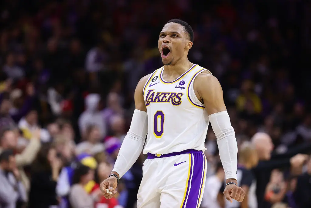 PHILADELPHIA, PENNSYLVANIA - DECEMBER 09: Russell Westbrook #0 of the Los Angeles Lakers reacts during the fourth quarter against the Philadelphia 76ers at Wells Fargo Center on December 09, 2022 in Philadelphia, Pennsylvania.