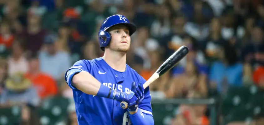 HOUSTON, TX - JULY 07: Kansas City Royals first baseman Ryan O'Hearn (66) reacts after striking out in the top of the ninth inning during the MLB game between the Kansas City Royals and Houston Astros on July 7, 2022 at Minute Maid Park in Houston, Texas. (Photo by Leslie Plaza Johnson/Icon Sportswire via Getty Images)