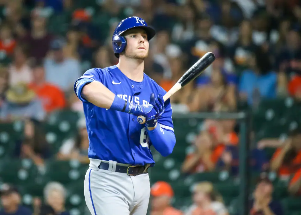 HOUSTON, TX - JULY 07: Kansas City Royals first baseman Ryan O'Hearn (66) reacts after striking out in the top of the ninth inning during the MLB game between the Kansas City Royals and Houston Astros on July 7, 2022 at Minute Maid Park in Houston, Texas. (Photo by Leslie Plaza Johnson/Icon Sportswire via Getty Images)