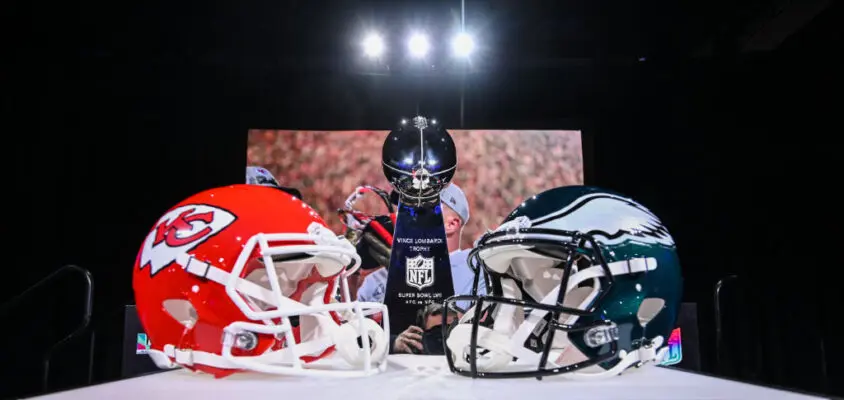 The Vince Lombardi trophy and helmets for the Chiefs and Eagles sit on a display ahead of Commissioner Roger Goodells Super Bowl LVII press conference at the Phoenix Convention Center. Picture date: Wednesday February 8, 2023. Super Bowl LVII will take place Sunday Feb. 12, 2023 between the Kansas City Chiefs and the Philadelphia Eagles.