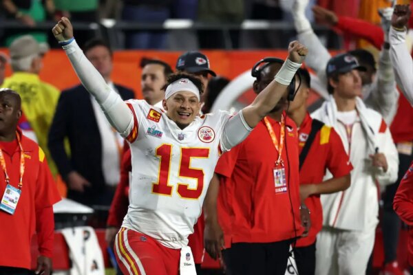 GLENDALE, ARIZONA - FEBRUARY 12: Patrick Mahomes #15 of the Kansas City Chiefs celebrates after beating the Philadelphia Eagles to win Super Bowl LVII at State Farm Stadium on February 12, 2023 in Glendale, Arizona. NFL