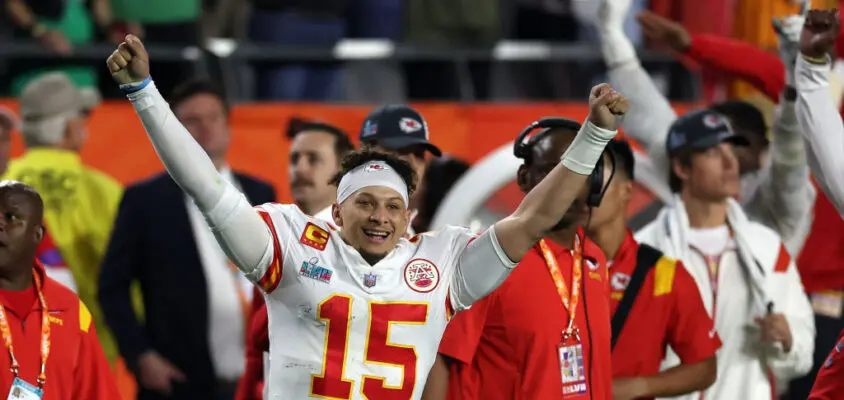 GLENDALE, ARIZONA - FEBRUARY 12: Patrick Mahomes #15 of the Kansas City Chiefs celebrates after beating the Philadelphia Eagles to win Super Bowl LVII at State Farm Stadium on February 12, 2023 in Glendale, Arizona. NFL