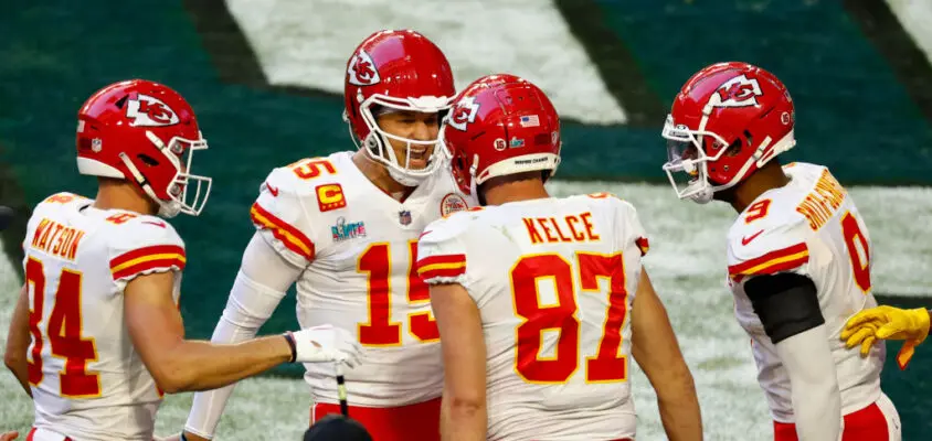 GLENDALE, AZ - FEBRUARY 12: Patrick Mahomes #15 of the Kansas City Chiefs celebrates with Travis Kelce #87 after the touchdown against the Philadelphia Eagles during the first quarter in Super Bowl LVII at State Farm Stadium on February 12, 2023 in Glendale, Arizona.