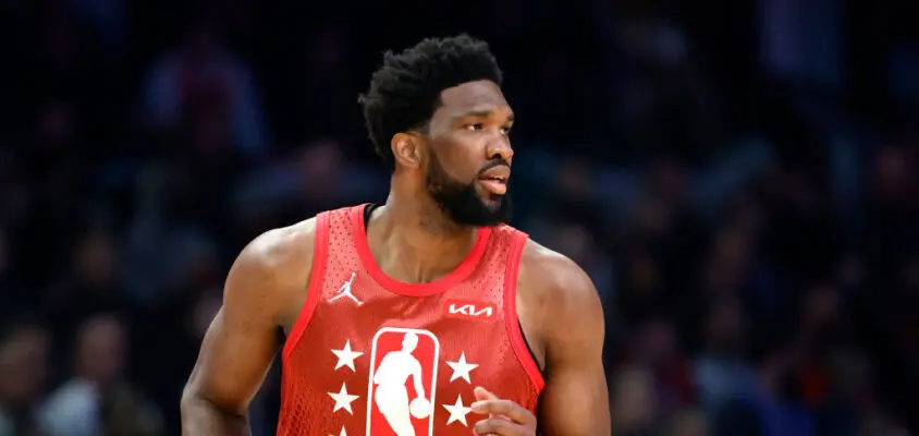 CLEVELAND, OHIO - FEBRUARY 20: Joel Embiid #21 of Team Durant looks on in the first half during the 2022 NBA All-Star Game at Rocket Mortgage Fieldhouse on February 20, 2022 in Cleveland, Ohio.