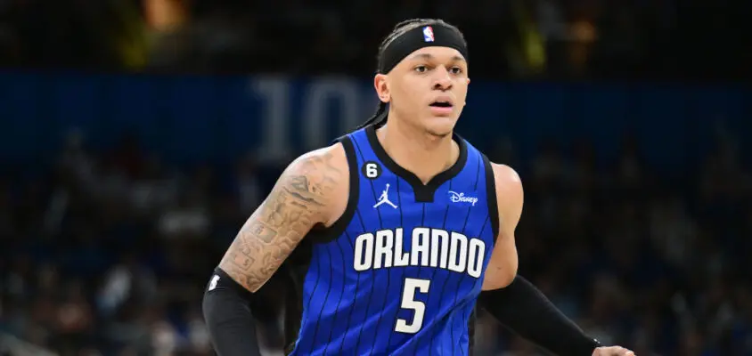 ORLANDO, FLORIDA - FEBRUARY 25: Paolo Banchero #5 of the Orlando Magic dribbles the ball in the second half against the Indiana Pacers at Amway Center on February 25, 2023 in Orlando, Florida.