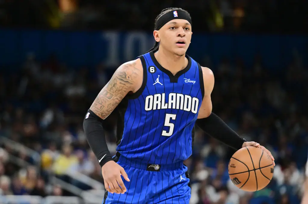 ORLANDO, FLORIDA - FEBRUARY 25: Paolo Banchero #5 of the Orlando Magic dribbles the ball in the second half against the Indiana Pacers at Amway Center on February 25, 2023 in Orlando, Florida.