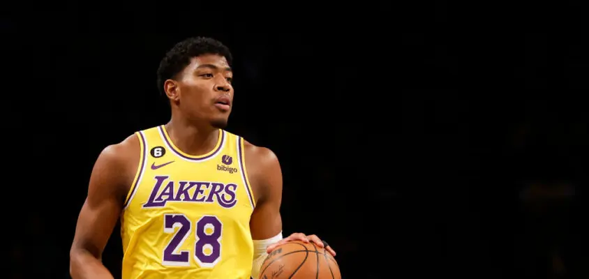 NEW YORK, NEW YORK - JANUARY 30: Rui Hachimura #28 of the Los Angeles Lakers dribbles during the first half against the Brooklyn Nets at Barclays Center on January 30, 2023 in the Brooklyn borough of New York City.