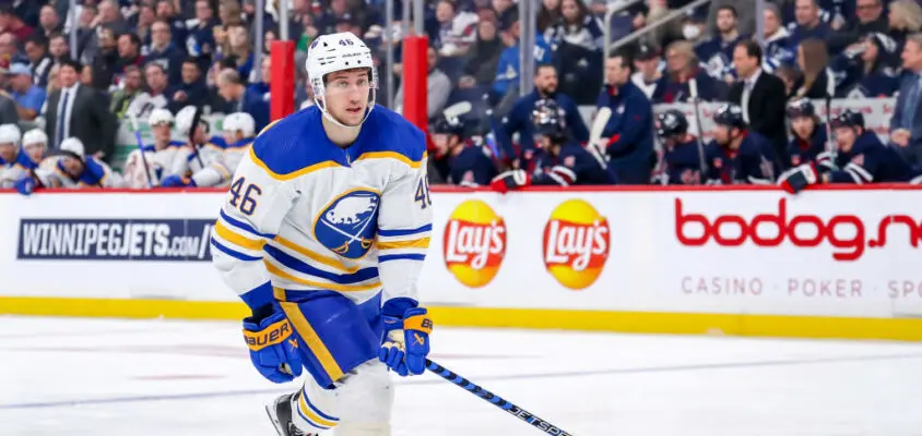 WINNIPEG, CANADA - JANUARY 26: Ilya Lyubushkin #46 of the Buffalo Sabres follows the play down the ice during second period action against the Winnipeg Jets at the Canada Life Centre on January 26, 2023 in Winnipeg, Manitoba, Canada. The Sabres defeated the Jets 3-2.