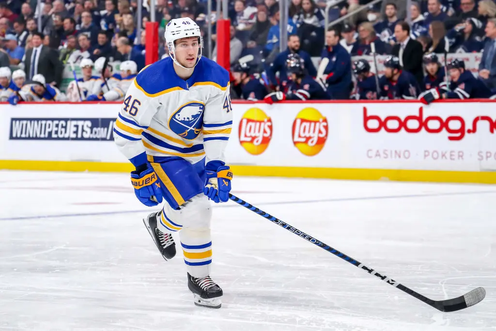 WINNIPEG, CANADA - JANUARY 26: Ilya Lyubushkin #46 of the Buffalo Sabres follows the play down the ice during second period action against the Winnipeg Jets at the Canada Life Centre on January 26, 2023 in Winnipeg, Manitoba, Canada. The Sabres defeated the Jets 3-2.