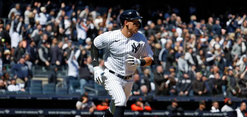 NEW YORK, NY - MARCH 30: Aaron Judge #99 of the New York Yankees hits a home run during the first inning against the San Francisco Giants on Opening Day at Yankee Stadium on March 30, 2023, in New York, New York