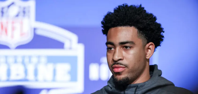 INDIANAPOLIS, IN - MARCH 03: Quarterback Bryce Young of Alabama speaks to the media during the NFL Combine at Lucas Oil Stadium on March 3, 2023 in Indianapolis, Indiana