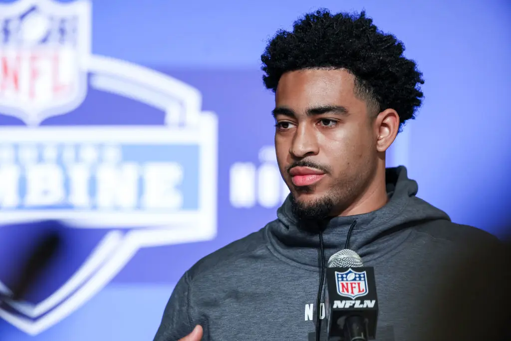 INDIANAPOLIS, IN - MARCH 03: Quarterback Bryce Young of Alabama speaks to the media during the NFL Combine at Lucas Oil Stadium on March 3, 2023 in Indianapolis, Indiana