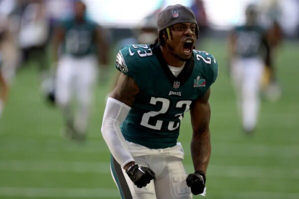 GLENDALE, ARIZONA - FEBRUARY 12: C.J. Gardner-Johnson #23 of the Philadelphia Eagles takes the field prior to playing the Kansas City Chiefs in Super Bowl LVII at State Farm Stadium on February 12, 2023 in Glendale, Arizona.