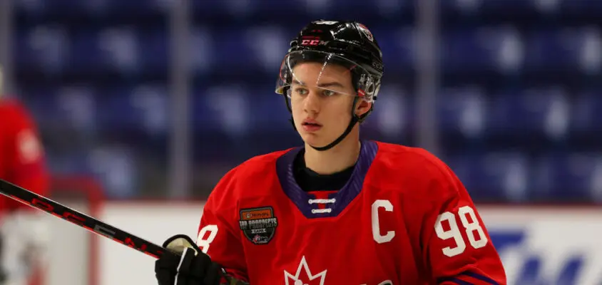 LANGLEY, BRITISH COLUMBIA - JANUARY 25: Forward Connor Bedard #98 of the Regina Pats skates for Team Red during the 2023 Kubota CHL Top Prospects Game Practice at the Langley Events Centre on January 25, 2023 in Langley, British Columbia