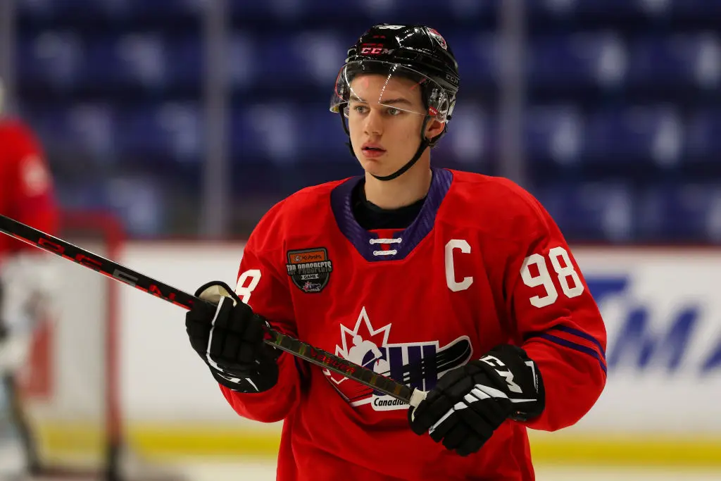 LANGLEY, BRITISH COLUMBIA - JANUARY 25: Forward Connor Bedard #98 of the Regina Pats skates for Team Red during the 2023 Kubota CHL Top Prospects Game Practice at the Langley Events Centre on January 25, 2023 in Langley, British Columbia