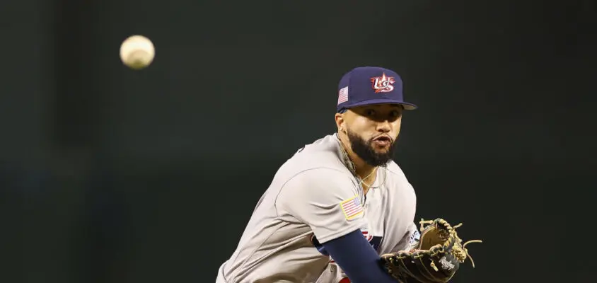 PHOENIX, ARIZONA - MARCH 15: Relief pitcher Devin Williams #38 of Team USA throws a warm-up pitcher during the eighth inning of the World Baseball Classic Pool C game against Team Colombia at Chase Field on March 15, 2023 in Phoenix, Arizona. Team USA defeated Team Colombia 3-2