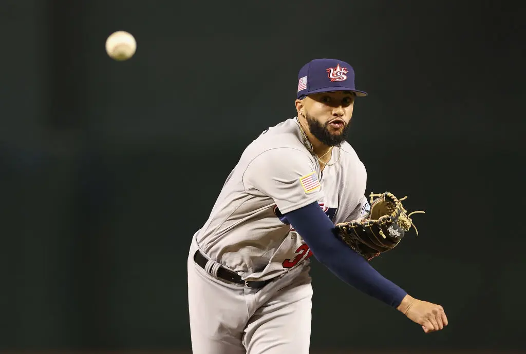 PHOENIX, ARIZONA - MARCH 15: Relief pitcher Devin Williams #38 of Team USA throws a warm-up pitcher during the eighth inning of the World Baseball Classic Pool C game against Team Colombia at Chase Field on March 15, 2023 in Phoenix, Arizona. Team USA defeated Team Colombia 3-2