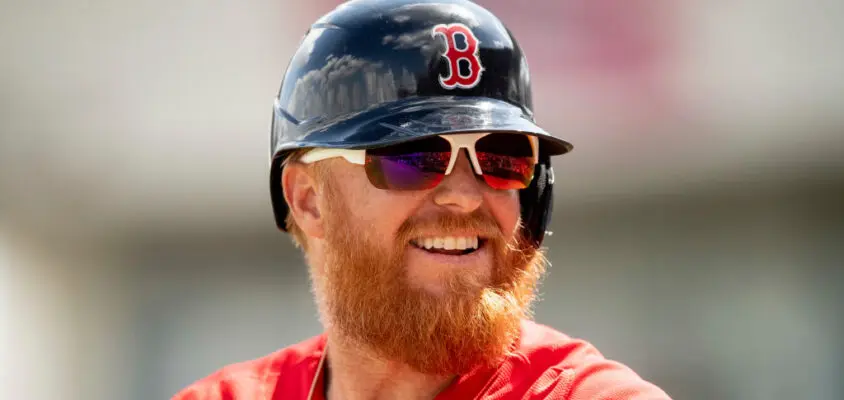 FORT MYERS, FL - MARCH 6: Justin Turner #2 of the Boston Red Sox reacts during the first inning of a Grapefruit League game against the Detroit Tigers on March 6, 2023 at JetBlue Park at Fenway South in Fort Myers, Florida