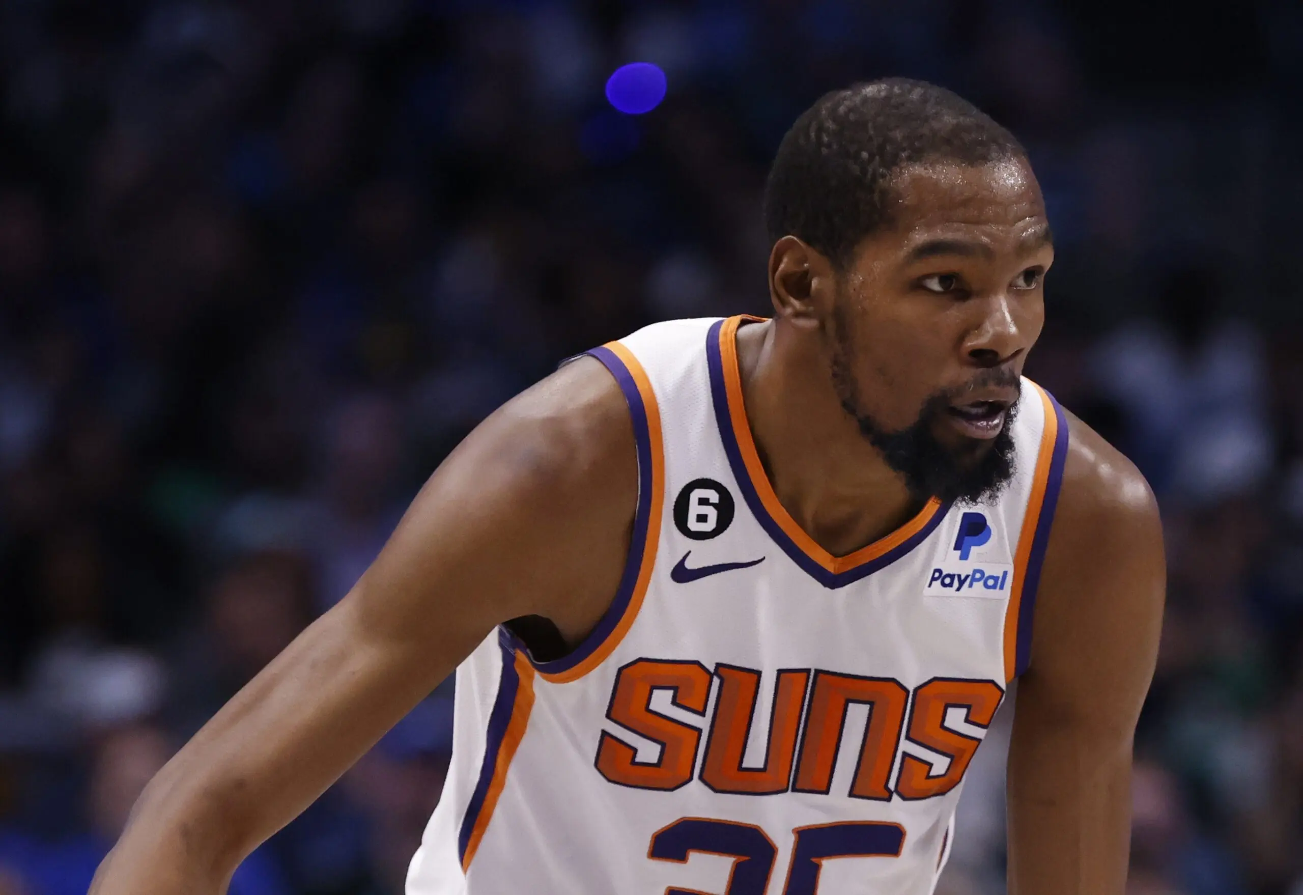 DALLAS, TX - MARCH 5: Kevin Durant #35 of the Phoenix Suns handles the ball against the Dallas Mavericks in the second half at American Airlines Center on March 5, 2023 in Dallas, Texas. The Suns won 130-126.