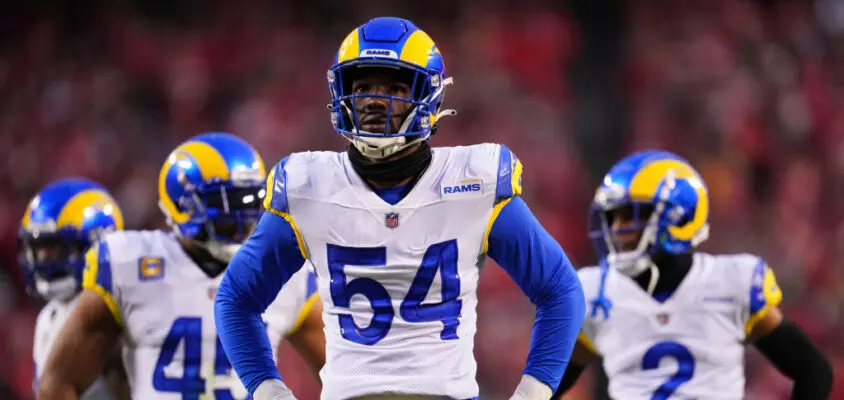 KANSAS CITY, MO - NOVEMBER 27: Leonard Floyd #54 of the Los Angeles Rams gets set against the Kansas City Chiefs at GEHA Field at Arrowhead Stadium on November 27, 2022 in Kansas City, Missouri