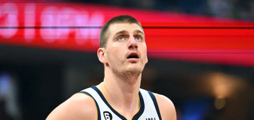 CLEVELAND, OHIO - FEBRUARY 23: Nikola Jokic #15 of the Denver Nuggets waits for a rebound during the second quarter against the Cleveland Cavaliers at Rocket Mortgage Fieldhouse on February 23, 2023 in Cleveland, Ohio.