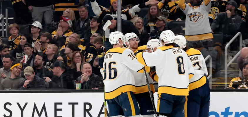 BOSTON, MA - MARCH 28: Nashville celebrates the goal from Nashville Predators defenseman Jeremy Lauzon (3) during a game between the Boston Bruins and the Nashville Predators on March 28, 2023, at TD Garden in Boston, Massachusetts.