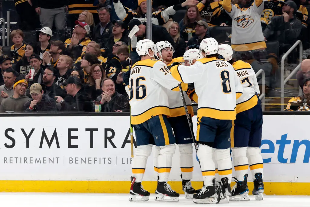 BOSTON, MA - MARCH 28: Nashville celebrates the goal from Nashville Predators defenseman Jeremy Lauzon (3) during a game between the Boston Bruins and the Nashville Predators on March 28, 2023, at TD Garden in Boston, Massachusetts.