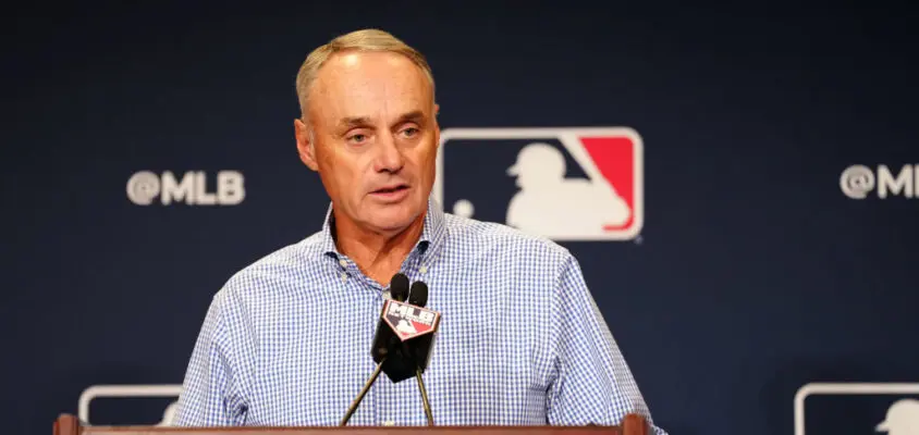 PHOENIX, AZ - FEBRUARY 15: Major League Baseball Commissioner Robert D. Manfred Jr. speaks to the media during the Spring Training Cactus League Media Day at Arizona Biltmore on Wednesday, February 15, 2023 in Phoenix, Arizona