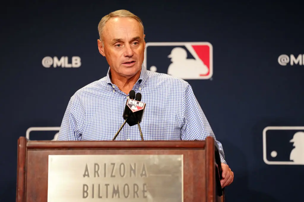 PHOENIX, AZ - FEBRUARY 15: Major League Baseball Commissioner Robert D. Manfred Jr. speaks to the media during the Spring Training Cactus League Media Day at Arizona Biltmore on Wednesday, February 15, 2023 in Phoenix, Arizona