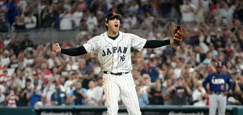 MIAMI, FLORIDA - MARCH 21: Shohei Ohtani #16 of Team Japan reacts after the final out of the World Baseball Classic Championship defeating Team USA 3-2 at loanDepot park on March 21, 2023 in Miami, Florida