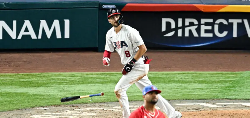 MIAMI, FLORIDA - MARCH 19: Trea Turner #8 of Team USA hits a three run homerun In the bottom of the 6th inning during the World Baseball Classic Semifinals between Cuba and United States at loanDepot park on March 19, 2023 in Miami, Florida