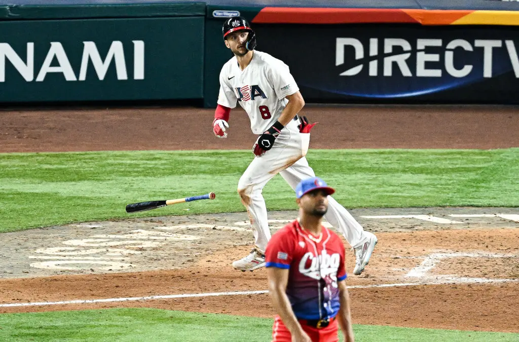 MIAMI, FLORIDA - MARCH 19: Trea Turner #8 of Team USA hits a three run homerun In the bottom of the 6th inning during the World Baseball Classic Semifinals between Cuba and United States at loanDepot park on March 19, 2023 in Miami, Florida