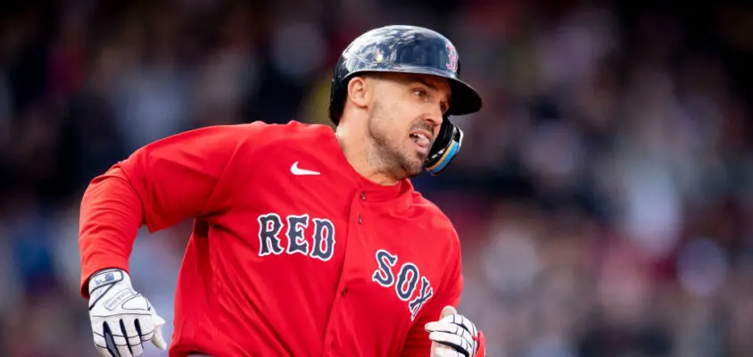 BOSTON, MA - APRIL 1: Adam Duvall #18 of the Boston Red Sox runs after hitting a triple during the second inning of a game against the Baltimore Orioles on April 1, 2023 at Fenway Park in Boston, Massachusetts.