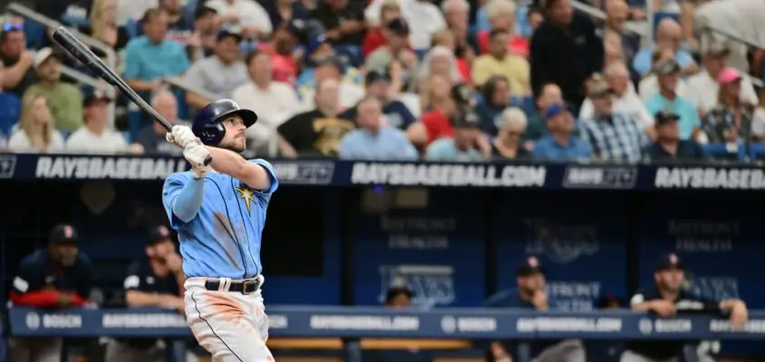 ST PETERSBURG, FLORIDA - APRIL 13: Brandon Lowe #8 of the Tampa Bay Rays watches the ball after hitting a home run in the seventh inning against the Boston Red Sox at Tropicana Field on April 13, 2023 in St Petersburg, Florida