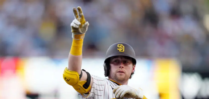 SAN DIEGO, CA - OCTOBER 19: Jake Cronenworth #9 of the San Diego Padres reacts after hitting a single in the seventh inning of Game 2 of the NLCS between the Philadelphia Phillies and the San Diego Padres at Petco Park on Wednesday, October 19, 2022 in San Diego, California