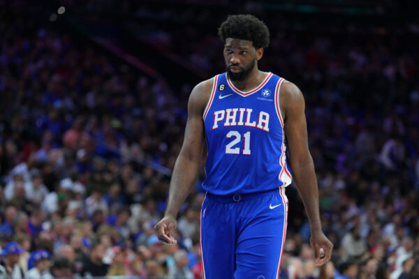 PHILADELPHIA, PA - APRIL 17: Joel Embiid #21 of the Philadelphia 76ers looks on against the Brooklyn Nets during Game Two of the Eastern Conference First Round Playoffs at the Wells Fargo Center on April 17, 2023 in Philadelphia, Pennsylvania.