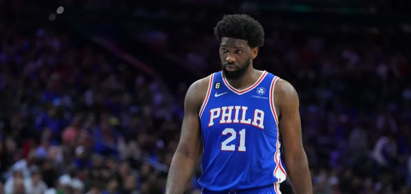 PHILADELPHIA, PA - APRIL 17: Joel Embiid #21 of the Philadelphia 76ers looks on against the Brooklyn Nets during Game Two of the Eastern Conference First Round Playoffs at the Wells Fargo Center on April 17, 2023 in Philadelphia, Pennsylvania.