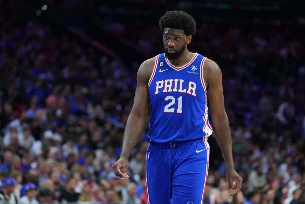 PHILADELPHIA, PA - APRIL 17: Joel Embiid #21 of the Philadelphia 76ers looks on against the Brooklyn Nets during Game Two of the Eastern Conference First Round Playoffs at the Wells Fargo Center on April 17, 2023 in Philadelphia, Pennsylvania.