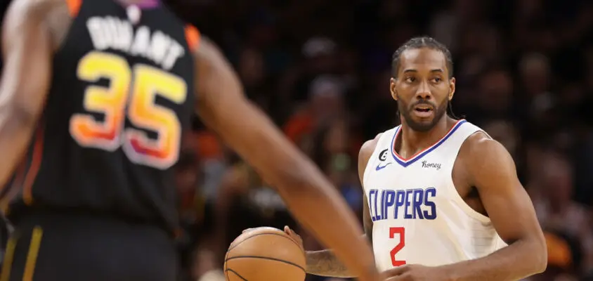 PHOENIX, ARIZONA - APRIL 16: Kawhi Leonard #2 of the LA Clippers handles the ball during the first half Game One of the Western Conference First Round Playoffs against the Phoenix Suns at Footprint Center on April 16, 2023 in Phoenix, Arizona.