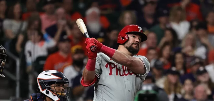 HOUSTON, TEXAS - APRIL 28: Kyle Schwarber #12 of the Philadelphia Phillies hits a home run in the first inning against the Houston Astros at Minute Maid Park on April 28, 2023 in Houston, Texas.