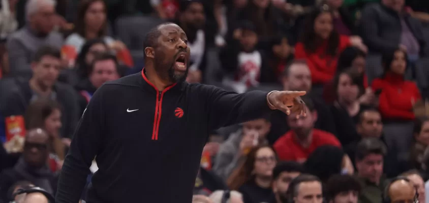 TORONTO, ON- FEBRUARY 12 - Adrian Griffin takes over the bench for Nick Nurse who is out for the game as the Toronto Raptors play the Detroit Pistons at Scotiabank Arena in Toronto. February 12, 2023.