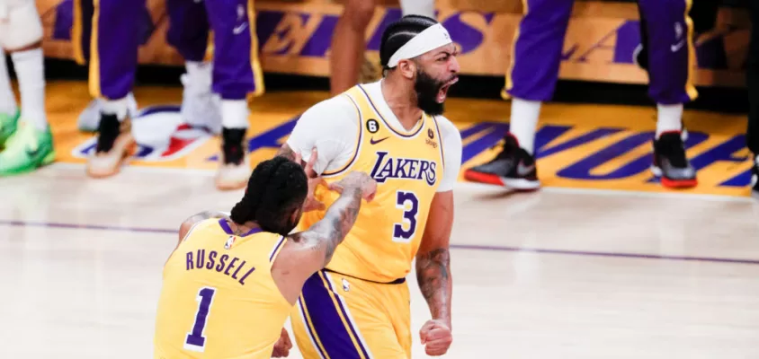 uLos Angeles, CA - May 12: Los Angeles Lakers forward Anthony Davis, right, celebrates with guard D'Angelo Russell (1) during the second half of the NBA Playoffs Western Conference semifinals against the Golden State Warriors at Crypto.com Arena on Friday, May 12, 2023 in Los Angeles, CA.