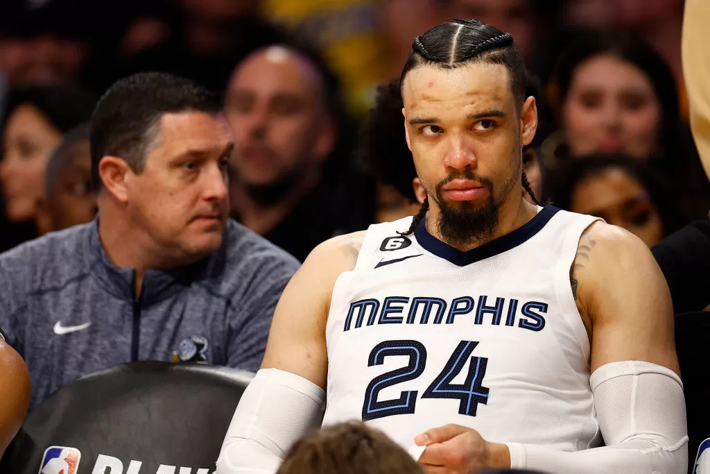 LOS ANGELES, CALIFORNIA - APRIL 28: Dillon Brooks #24 of the Memphis Grizzlies sits on the bench against the Los Angeles Lakers in the second half in Game Six of the Western Conference First Round Playoffs at Crypto.com Arena on April 28, 2023 in Los Angeles, California.