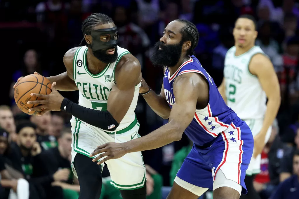 PHILADELPHIA, PENNSYLVANIA - MAY 07: Jaylen Brown #7 of the Boston Celtics looks to pass against James Harden #1 of the Philadelphia 76ers during the third quarter in game four of the Eastern Conference Second Round Playoffs at Wells Fargo Center on May 07, 2023 in Philadelphia, Pennsylvania